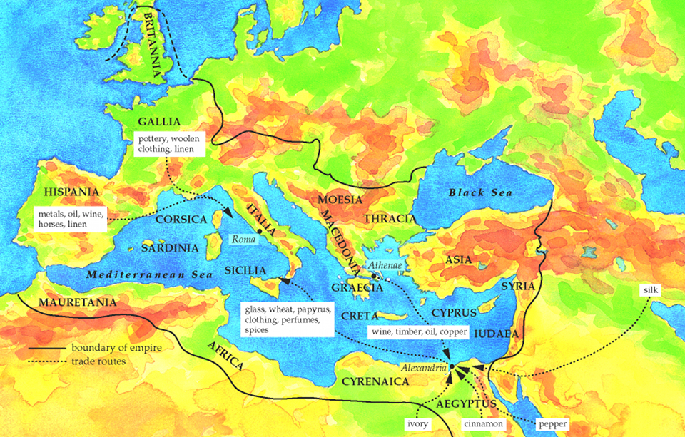 Map of Roman Empire & surrounding regions showing main goods imported and exported through Alexandria